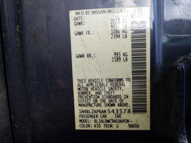 2010 NISSAN ALTIMA SR 1N4BL2AP6AN543578