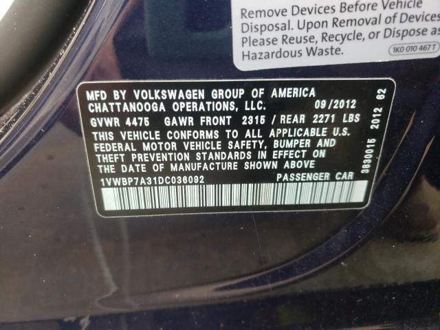 2013 VOLKSWAGEN PASSAT SE 1VWBP7A31DC036092