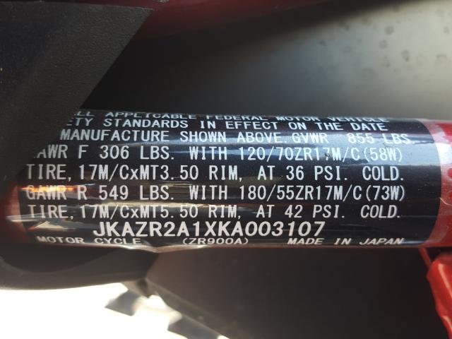 2019 KAWASAKI ZR900 JKAZR2A1XKA003107