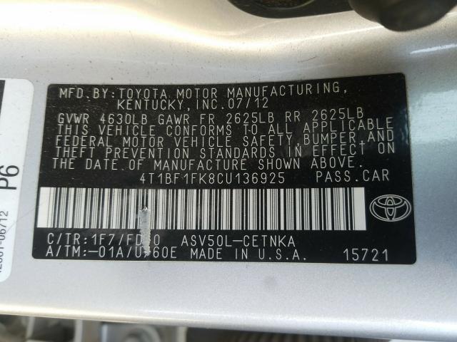 2012 TOYOTA CAMRY BASE 4T1BF1FK8CU136925