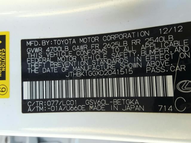2013 LEXUS ES 350 JTHBK1GGXD2041515