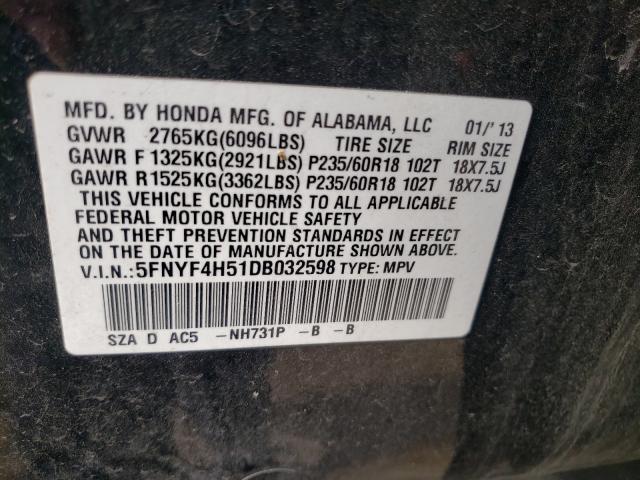2013 HONDA PILOT EXL 5FNYF4H51DB032598