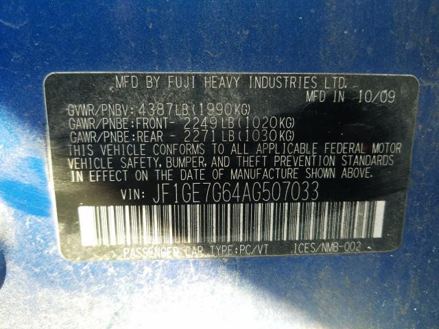 2010 SUBARU IMPREZA WR JF1GE7G64AG507033