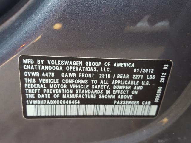2012 VOLKSWAGEN PASSAT SE 1VWBH7A3XCC046454