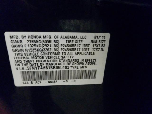 2011 HONDA PILOT EXL 5FNYF4H51BB065193