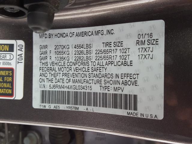 2016 HONDA CR-V SE 5J6RM4H4XGL034315