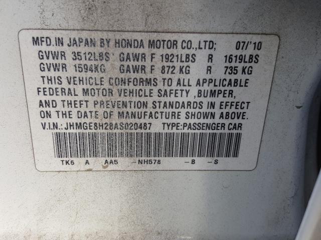 2010 HONDA FIT JHMGE8H28AS020487