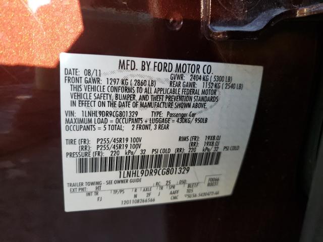2012 LINCOLN MKS 1LNHL9DR9CG801329