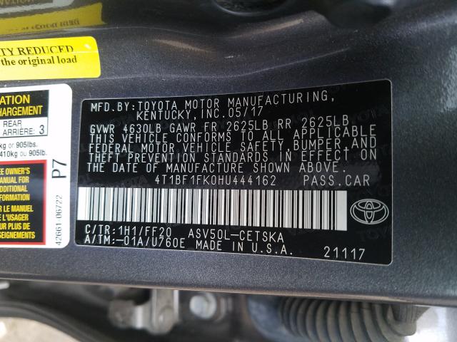 2017 TOYOTA CAMRY LE 4T1BF1FK0HU444162