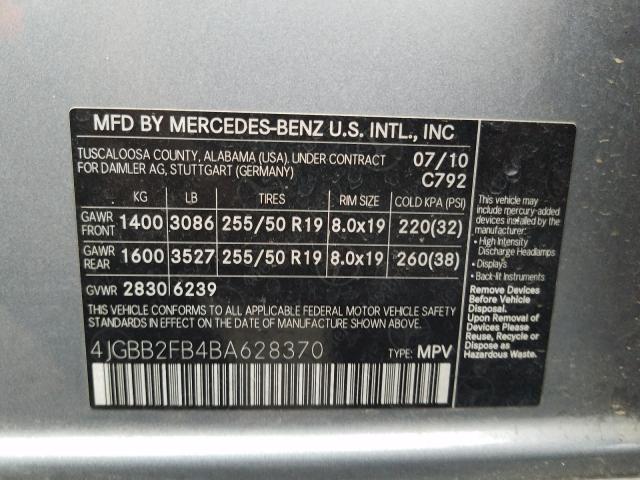 2011 MERCEDES-BENZ ML 350 BLU 4JGBB2FB4BA628370