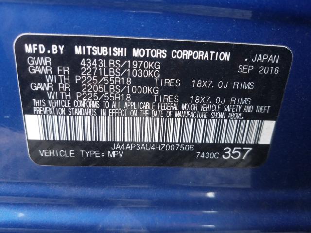 2017 MITSUBISHI OUTLANDER JA4AP3AU4HZ007506