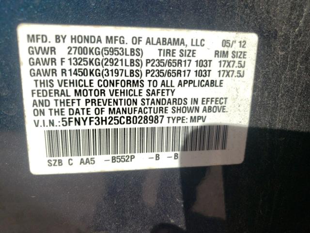 2012 HONDA PILOT LX 5FNYF3H25CB028987