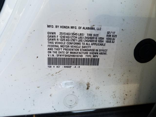 2017 HONDA PILOT EXL 5FNYF5H52HB010749