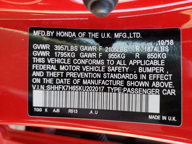 2019 HONDA CIVIC EX SHHFK7H65KU202017