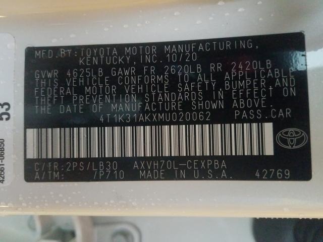 2021 TOYOTA CAMRY HYBR 4T1K31AKXMU020062