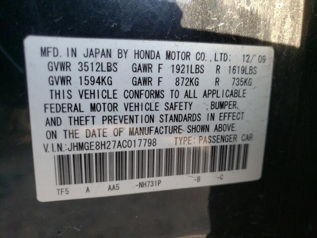 2010 HONDA FIT JHMGE8H27AC017798