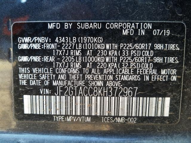 2019 SUBARU CROSSTREK JF2GTACC8KH372967