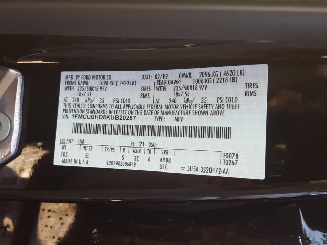2019 FORD ESCAPE SEL 1FMCU0HD8KUB20287