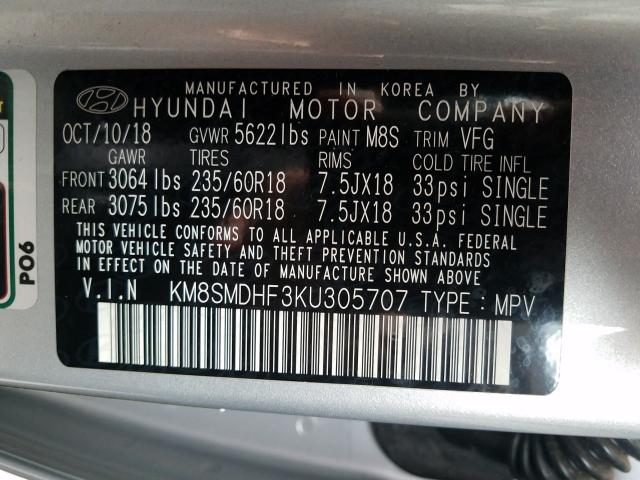 2019 HYUNDAI SANTA FE X KM8SMDHF3KU305707