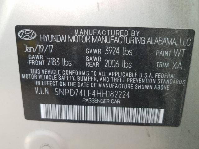 2017 HYUNDAI ELANTRA 5NPD74LF4HH182224