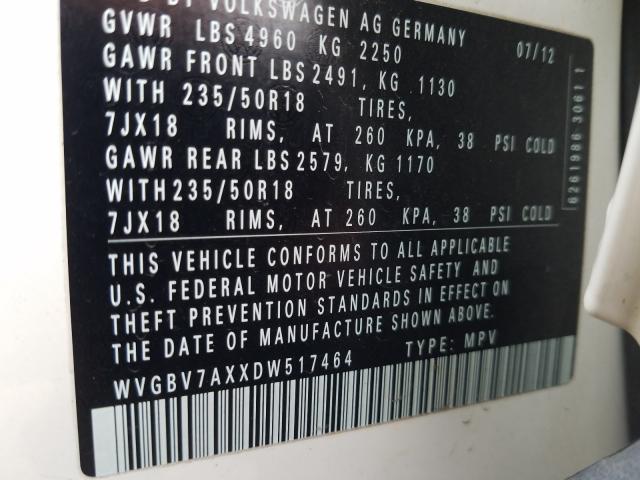 2013 VOLKSWAGEN TIGUAN S WVGBV7AXXDW517464