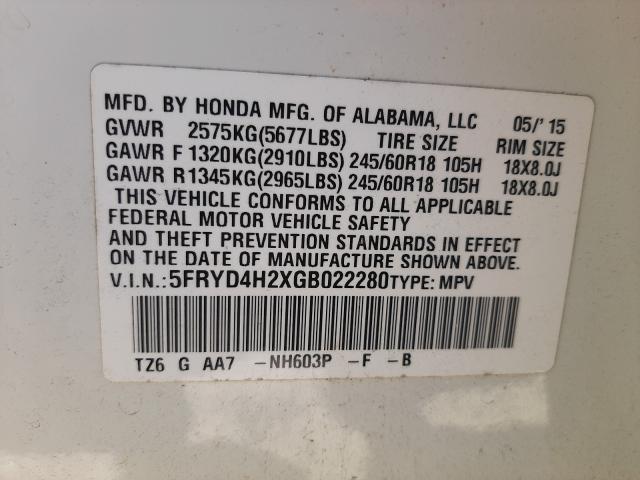 2016 ACURA MDX 5FRYD4H2XGB022280