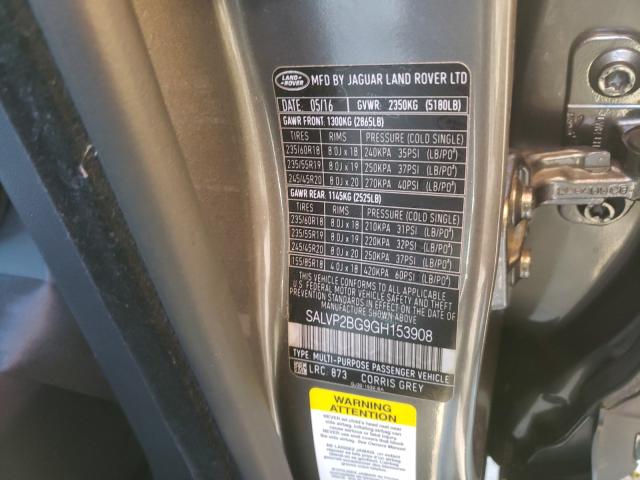 2016 LAND ROVER RANGE ROVE SALVP2BG9GH153908