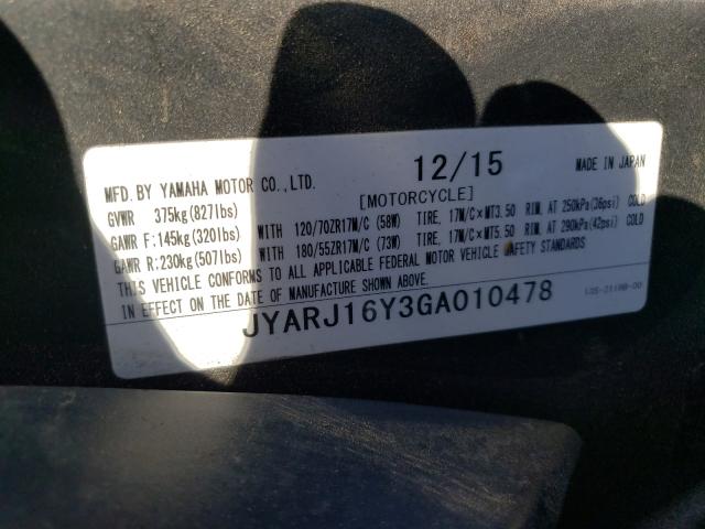 2016 YAMAHA YZFR6 C JYARJ16Y3GA010478