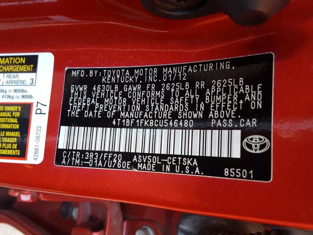 2012 TOYOTA CAMRY BASE 4T1BF1FK8CU546480