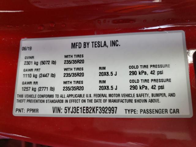 2019 TESLA MODEL 3 5YJ3E1EB2KF392997