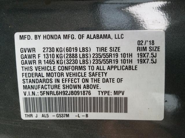 2018 HONDA ODYSSEY EL 5FNRL6H92JB091876
