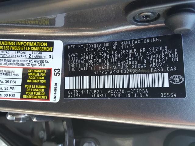 2020 TOYOTA CAMRY XSE 4T1K61AK6LU324981
