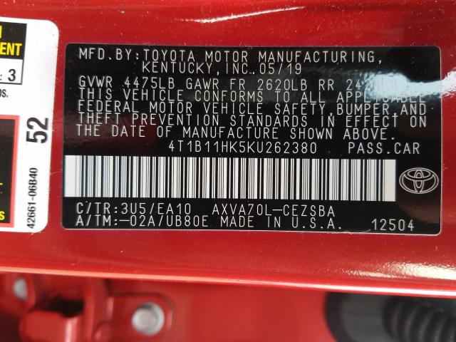2019 TOYOTA CAMRY 4T1B11HK5KU262380