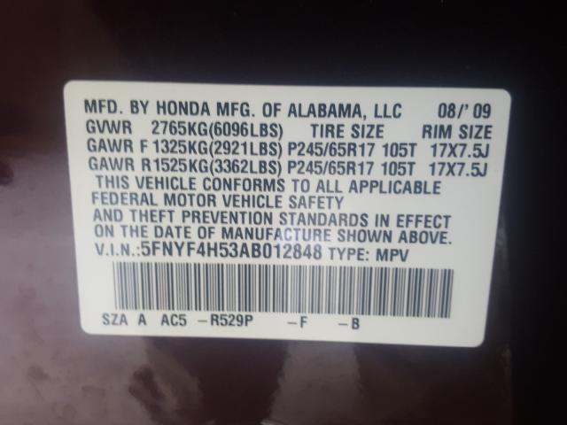 2010 HONDA PILOT EXL 5FNYF4H53AB012848