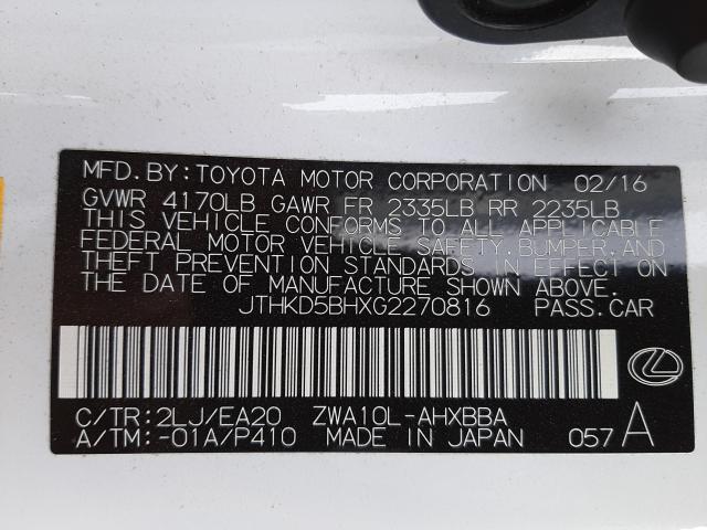 2016 LEXUS CT 200 JTHKD5BHXG2270816