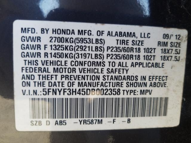 2013 HONDA PILOT EX 5FNYF3H45DB002358