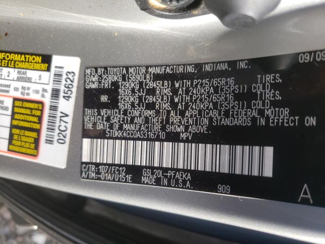 2010 TOYOTA SIENNA CE 5TDKK4CC0AS316710