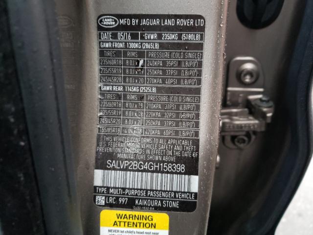 2016 LAND ROVER RANGE ROVE SALVP2BG4GH158398