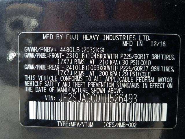 2017 SUBARU FORESTER 2 JF2SJAGC0HH526493