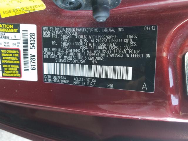 2012 TOYOTA SIENNA BAS 5TDKA3DC7CS013759