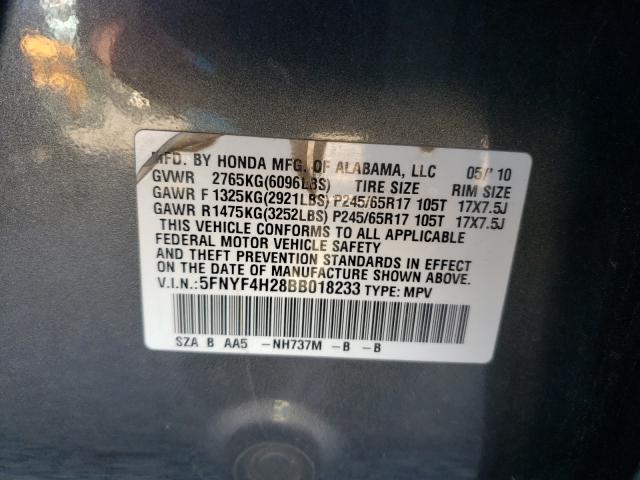 2011 HONDA PILOT LX 5FNYF4H28BB018233