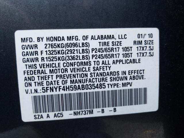 2010 HONDA PILOT EXL 5FNYF4H59AB035485