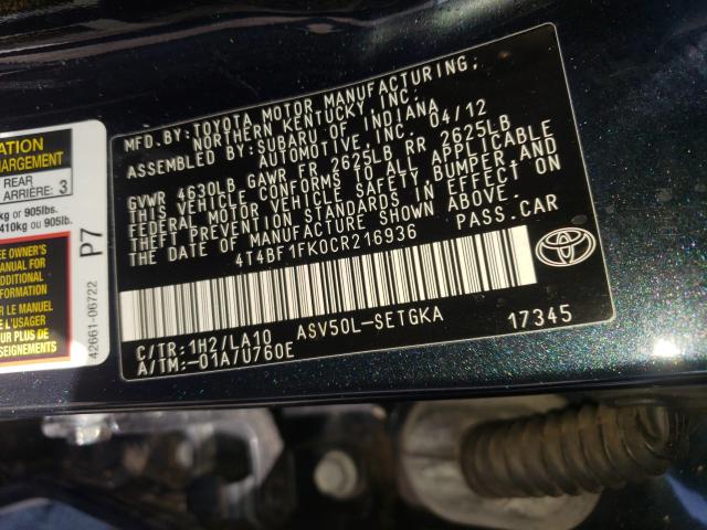 2012 TOYOTA CAMRY BASE 4T4BF1FK0CR216936
