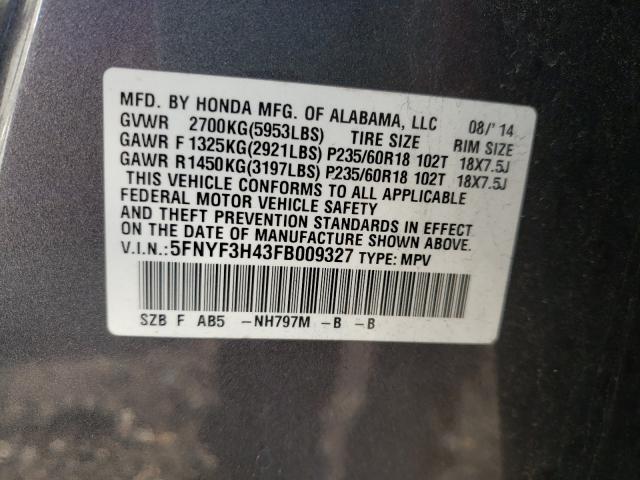 2015 HONDA PILOT EX 5FNYF3H43FB009327