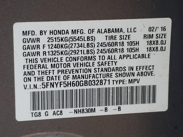 2016 HONDA PILOT EXL 5FNYF5H60GB032871