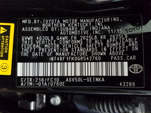 2016 TOYOTA CAMRY LE 4T4BF1FK0GR542760