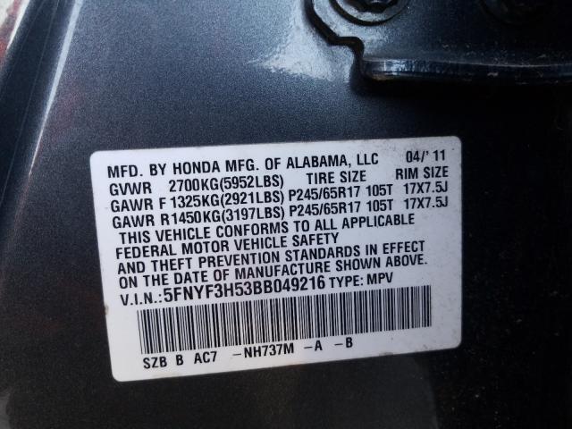 2011 HONDA PILOT EXL 5FNYF3H53BB049216