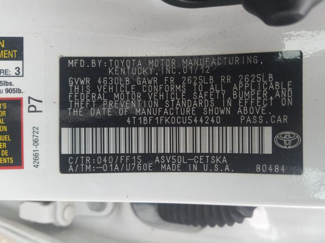 2012 TOYOTA CAMRY BASE 4T1BF1FK0CU544240