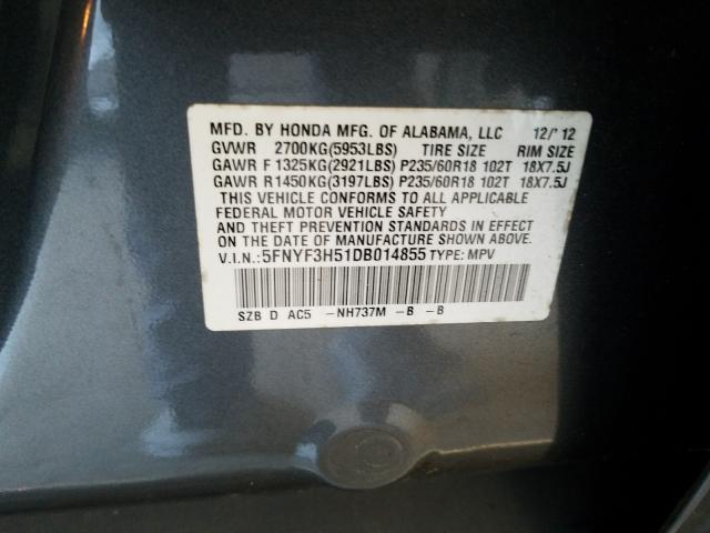 2013 HONDA PILOT EXL 5FNYF3H51DB014855