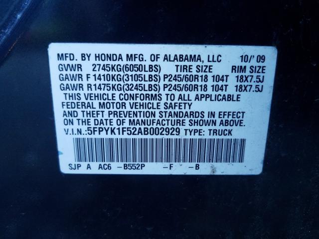 2010 HONDA RIDGELINE 5FPYK1F52AB002929